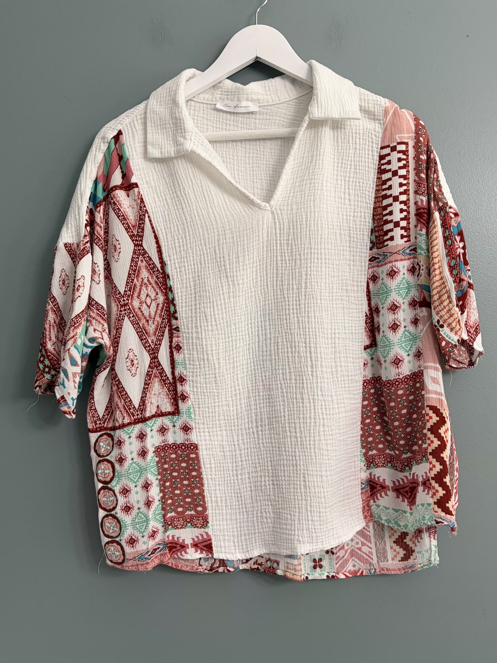 Ces Femme Boho Patchwork Collared V-Neck Top